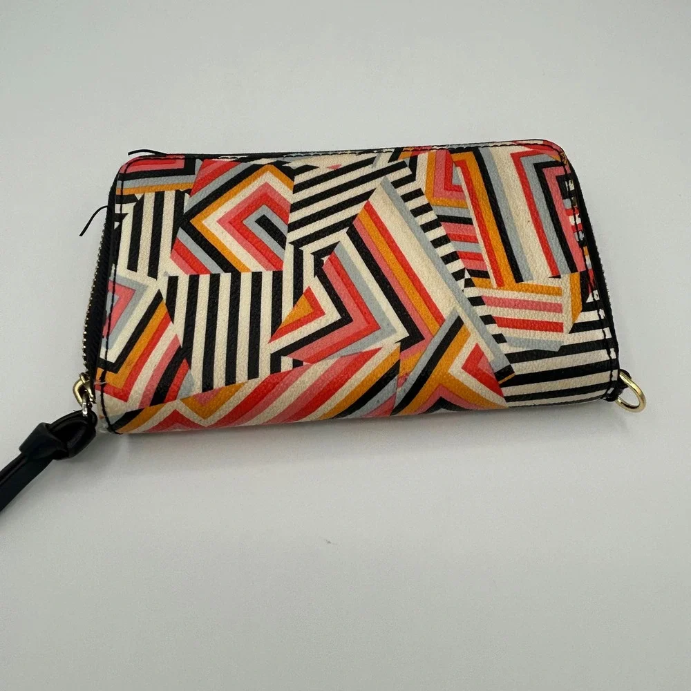 Tory Burch Geometric Chevron Zip Around Wallet Wristlet Orange Pink Black Gold